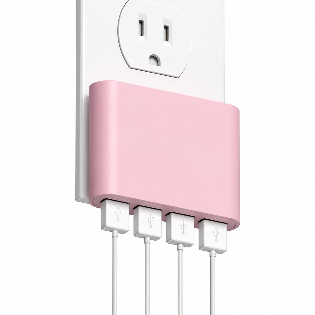 Pink Slim 4-Port Usb Wall Charger With Foldable Prongs For Home And Travel